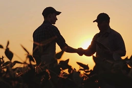 Two farmers shaking hands in a field at sunset