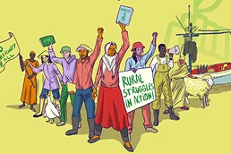 Illustration of rural people marching with placards reading “Rural Struggle in Action”