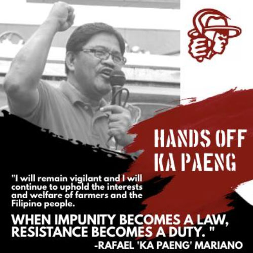 Stop the legal persecution of peasant leader Rafael “Ka Paeng” Mariano, other land and human rights defenders in the Philippines